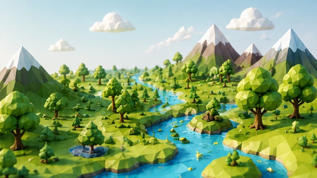 Low-poly illustration of green hills, a river, and mountains